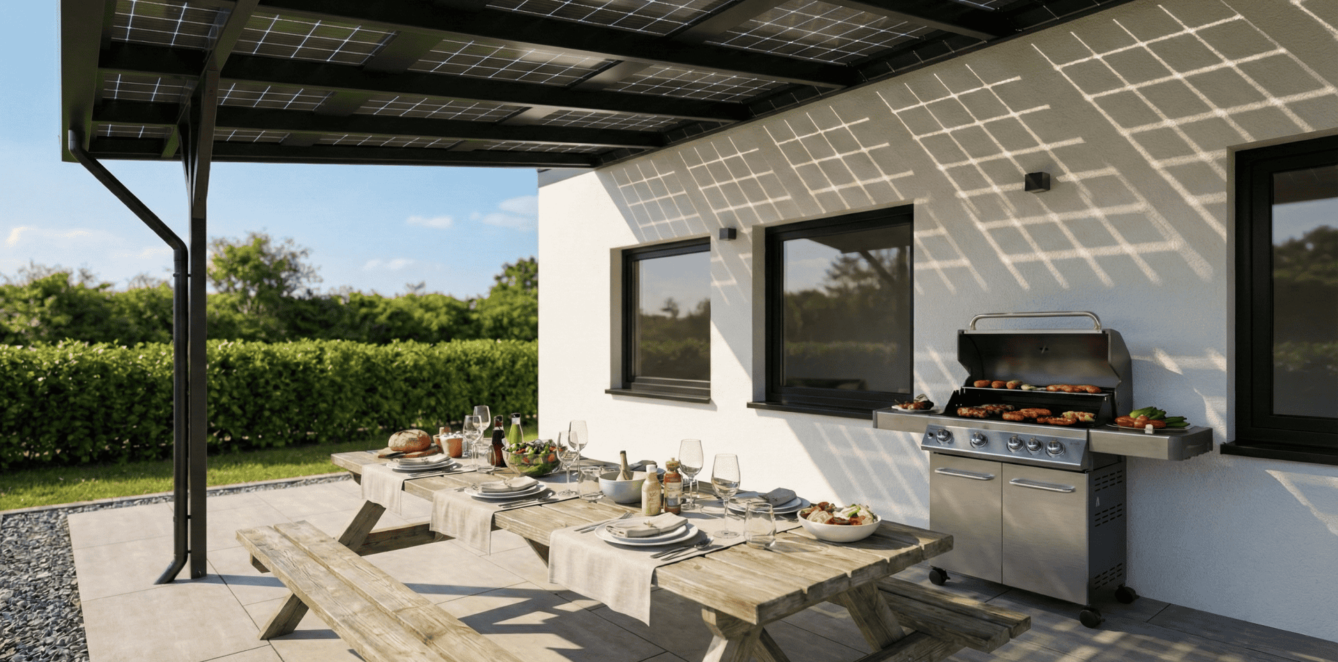 Gewe Photovoltaik Terrassendach Mit Essbereich Und Grillstation Im Garten