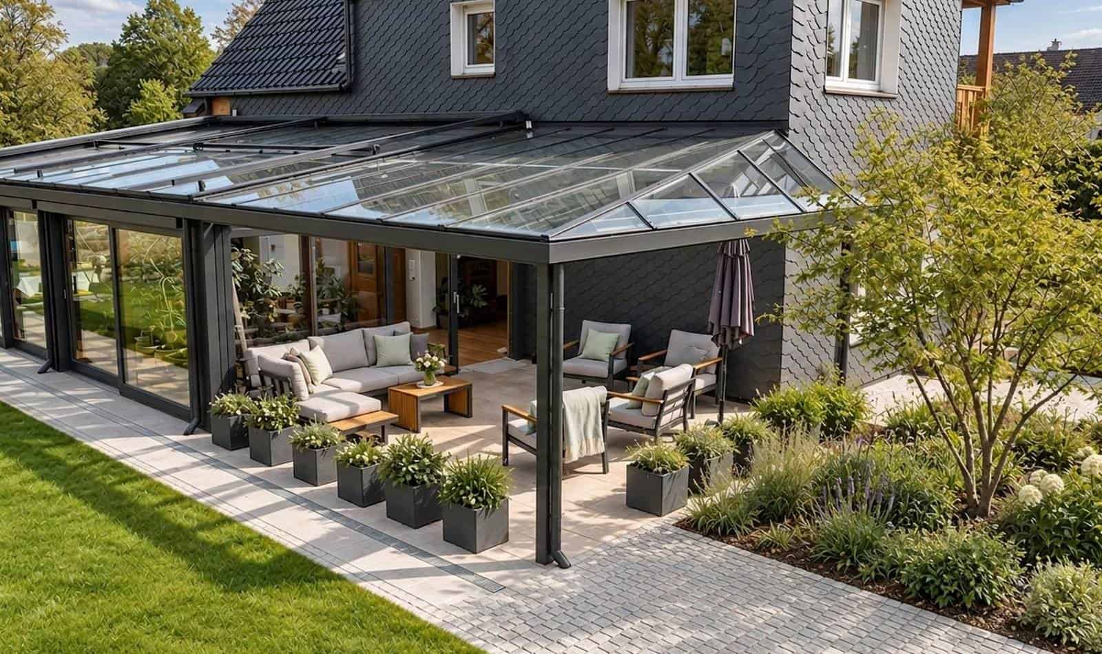 Erneuerter Wintergarten mit Terrassendach, innen Holz, außen Aluminium – Projekt 2